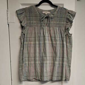 Loft Women's Top Size Large Plaid Smocked Ruffle Tie Neck Green Blue
